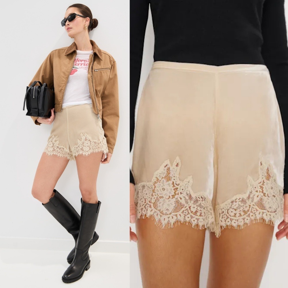NWT Reformation Fern Velvet Short Small Almond Lace Trim Shorts Mid Rise